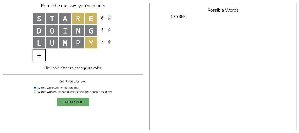 Wordle Master finding the solution CYBER to a tricky Wordle game