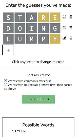 Wordle Master finding the solution CYBER to a tricky Wordle game